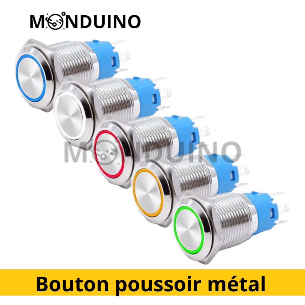 Bouton poussoir momentané métal - 12mm /16mm 12-24V - étanche cercle LED Lumineux