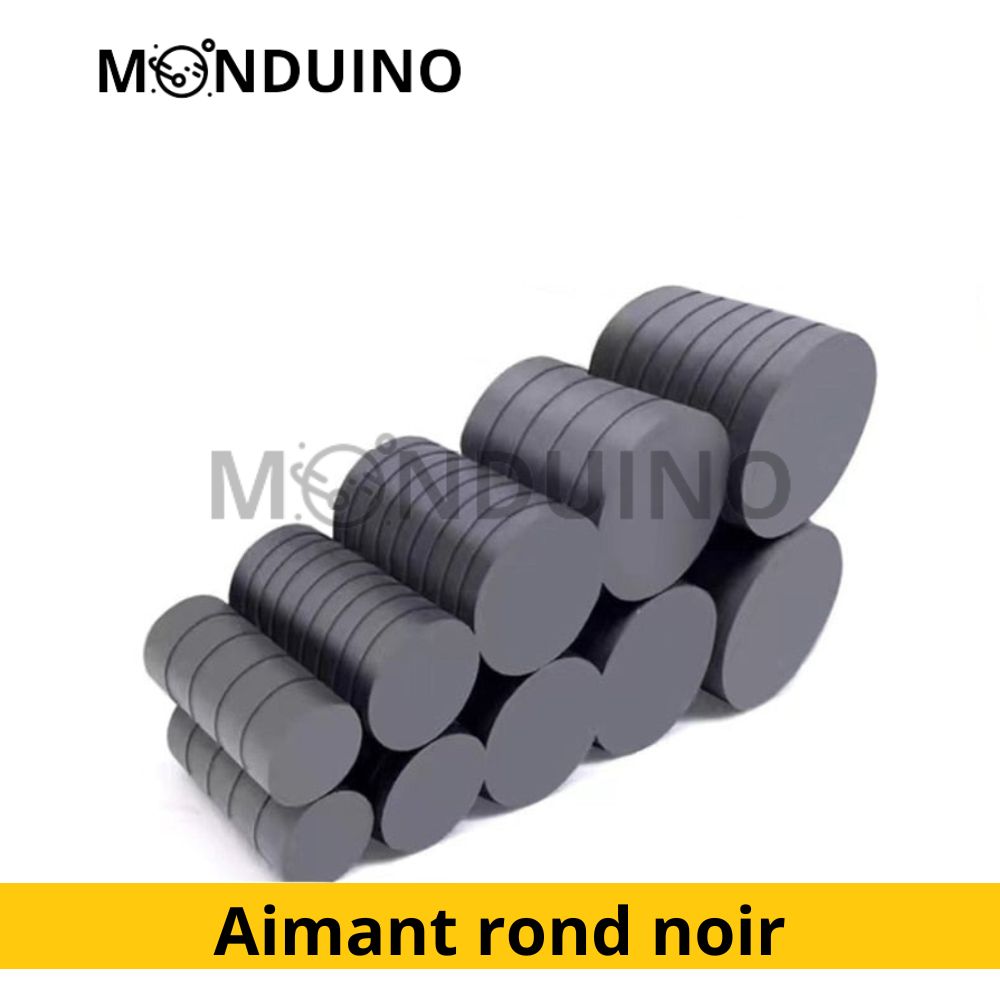 Aimant rond noir, de dimensions 16x3mm, 25x3mm et 30x3mm.