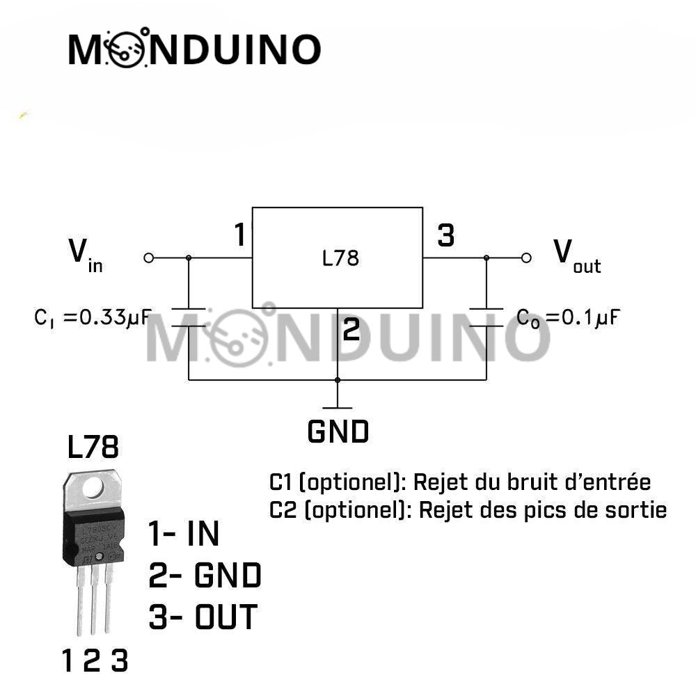 Régulateur de tension TO-220 LM317T / L7805 / L7812 - Monduino A-111