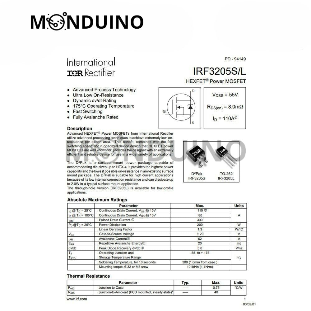 IRF3205 Transistor MOSFET-N 55V 110A TO-220 (NEW IRFZ44N) - 1 à 50 pcs - Monduino B-05