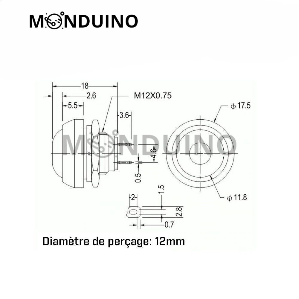 Bouton poussoir momentané étanche rond 12 mm PBS-33B - 1 à 5 pcs - Monduino B-14
