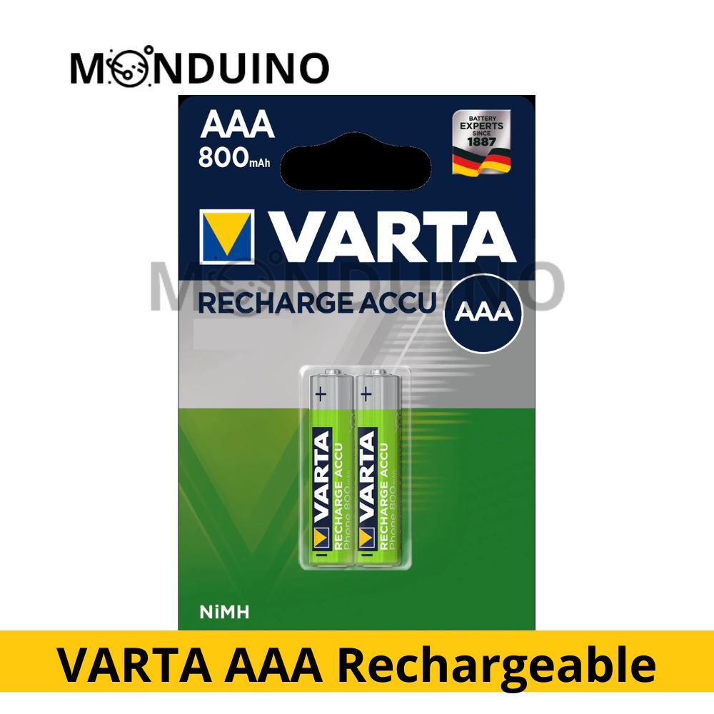 Batterie rechargeable AAA - Nimh - Nombre : 2 batteries, Code IEC : HR03  Tension : 1,2 volts, Capacité : 800mAh, Marque : Varta
