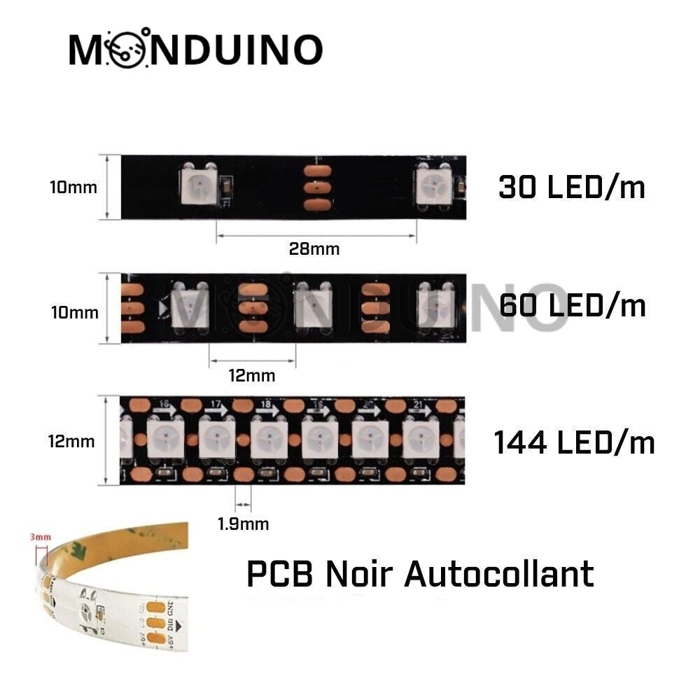 Ruban LED WS2812B 5V pixel RGB 30, 60, 144 LED/m Adressable - Bandeau strip LED