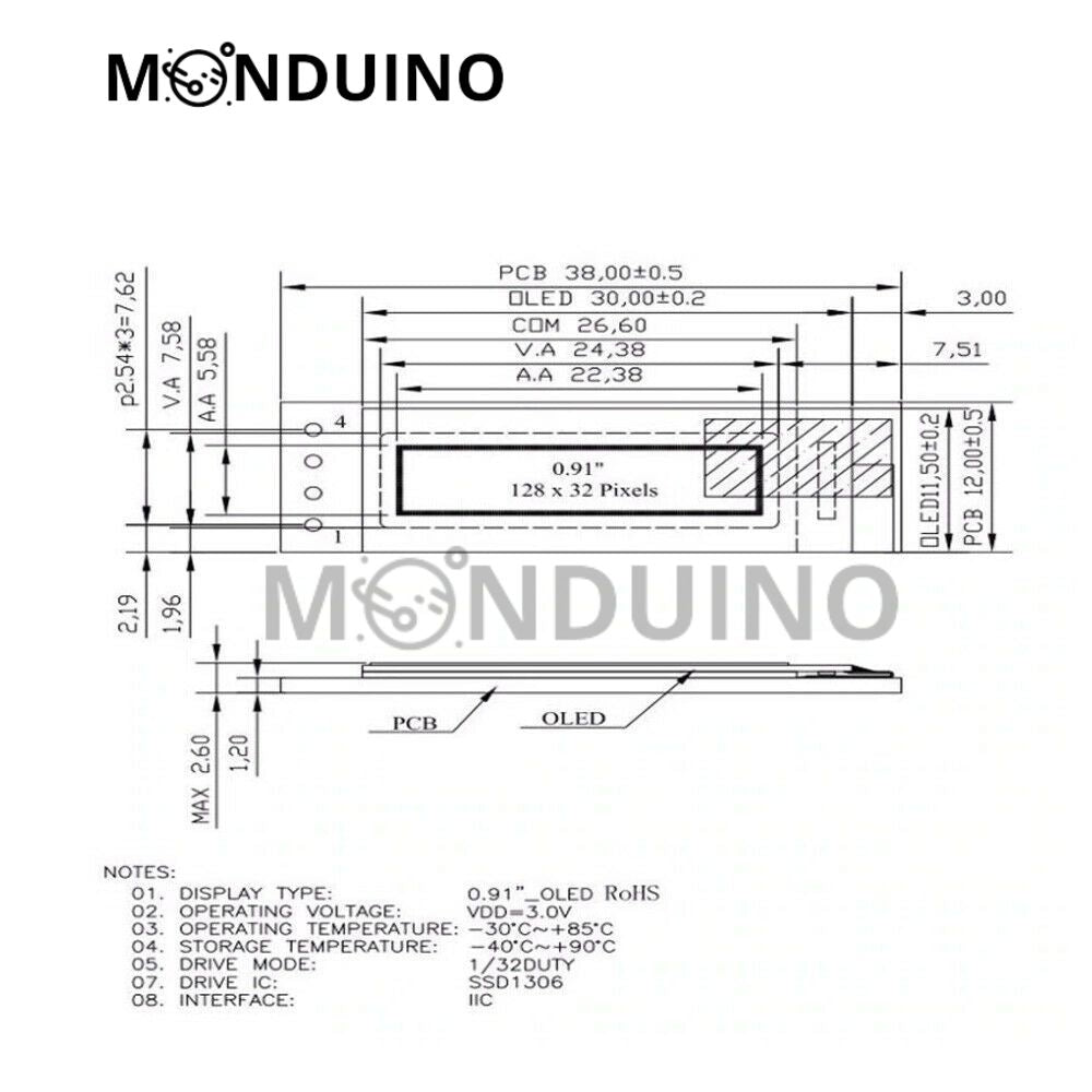 Écran OLED 0.91" 128x32 Module LCD I2C SSD1306 affichage blanc /bleu