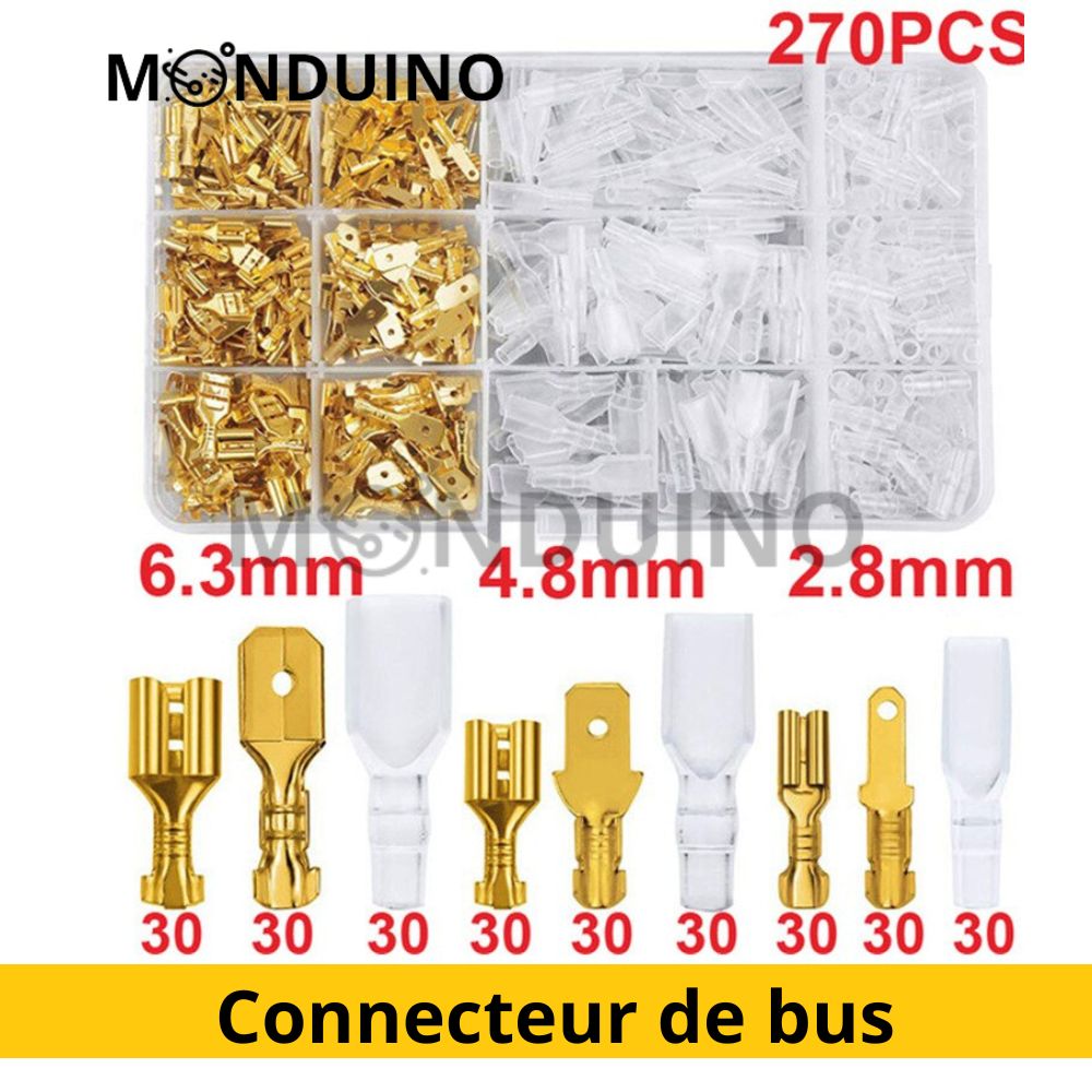 Boite de de 270 pièces - Connecteur de bus mâle à sertir rapide - Connecteur de 2,8/4,8/6,3 mm - Avec manchon isolant