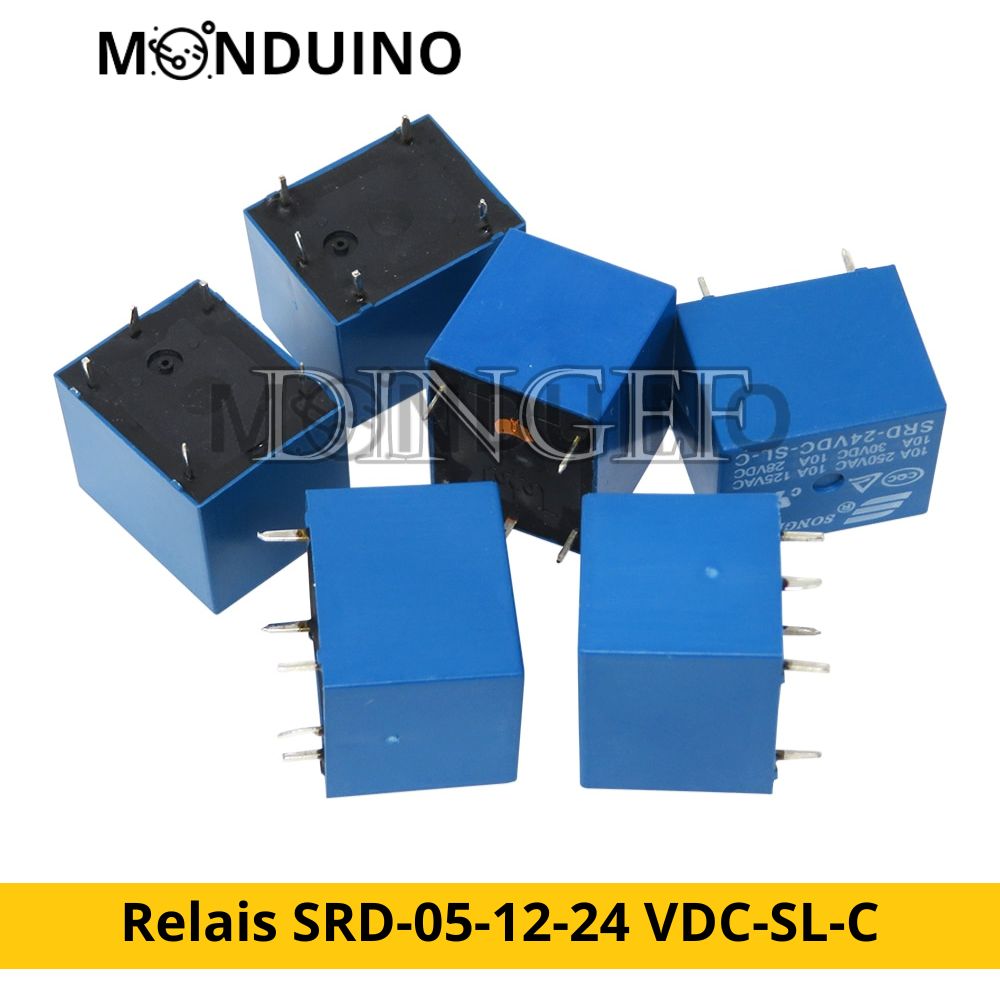 Relais SRD-05-12-24 VDC-SL-C : Tension de 5V, 12V et 24V, Capacité de 10A 250VAC, Configuration à 5 broches