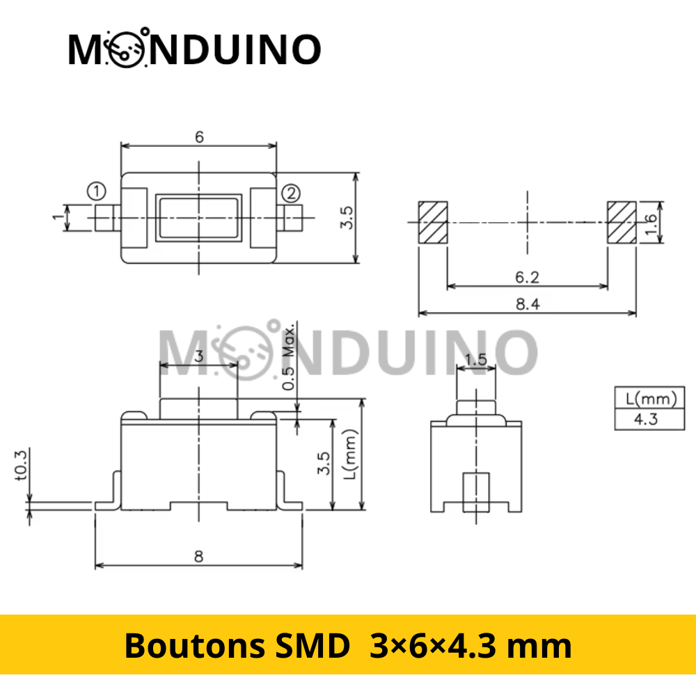 Boutons Poussoirs Tactiles SMD 3×6×4.3 mm – Micro Switch Momentané 2 Pins – Lot de 10 – Monduino [E-02]
