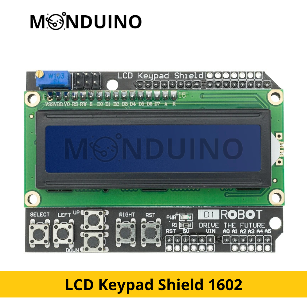 LCD Keypad Shield 1602 – Écran LCD 16x2 avec Clavier – Compatible Monduino UNO R3 [D-12]