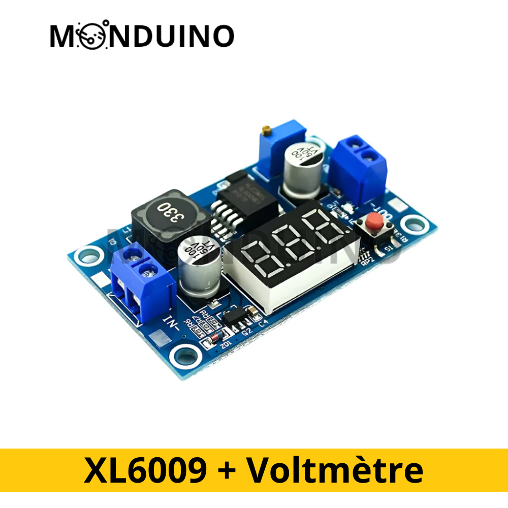 Module Step-Up XL6009 avec Voltmètre DC-DC 4A Convertisseur Boost Ajustable – Monduino [E-35]