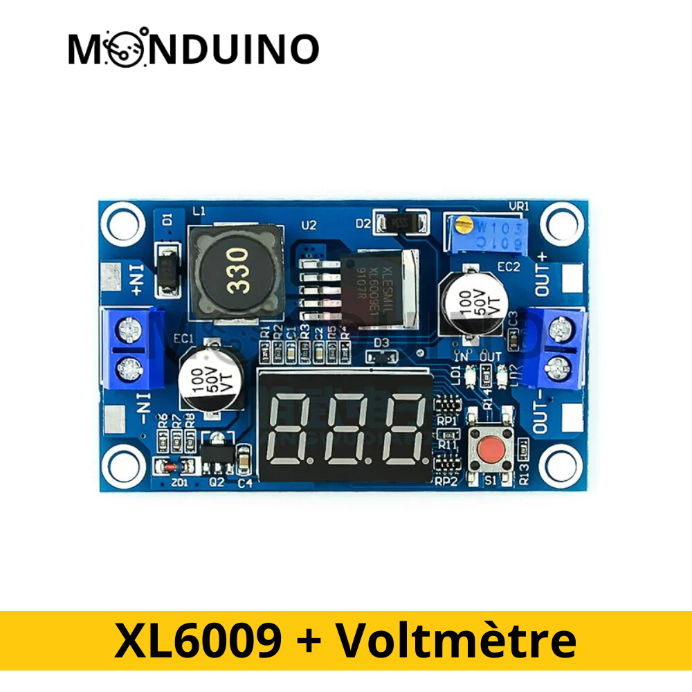 Module Step-Up XL6009 avec Voltmètre DC-DC 4A Convertisseur Boost Ajustable – Monduino [E-35]