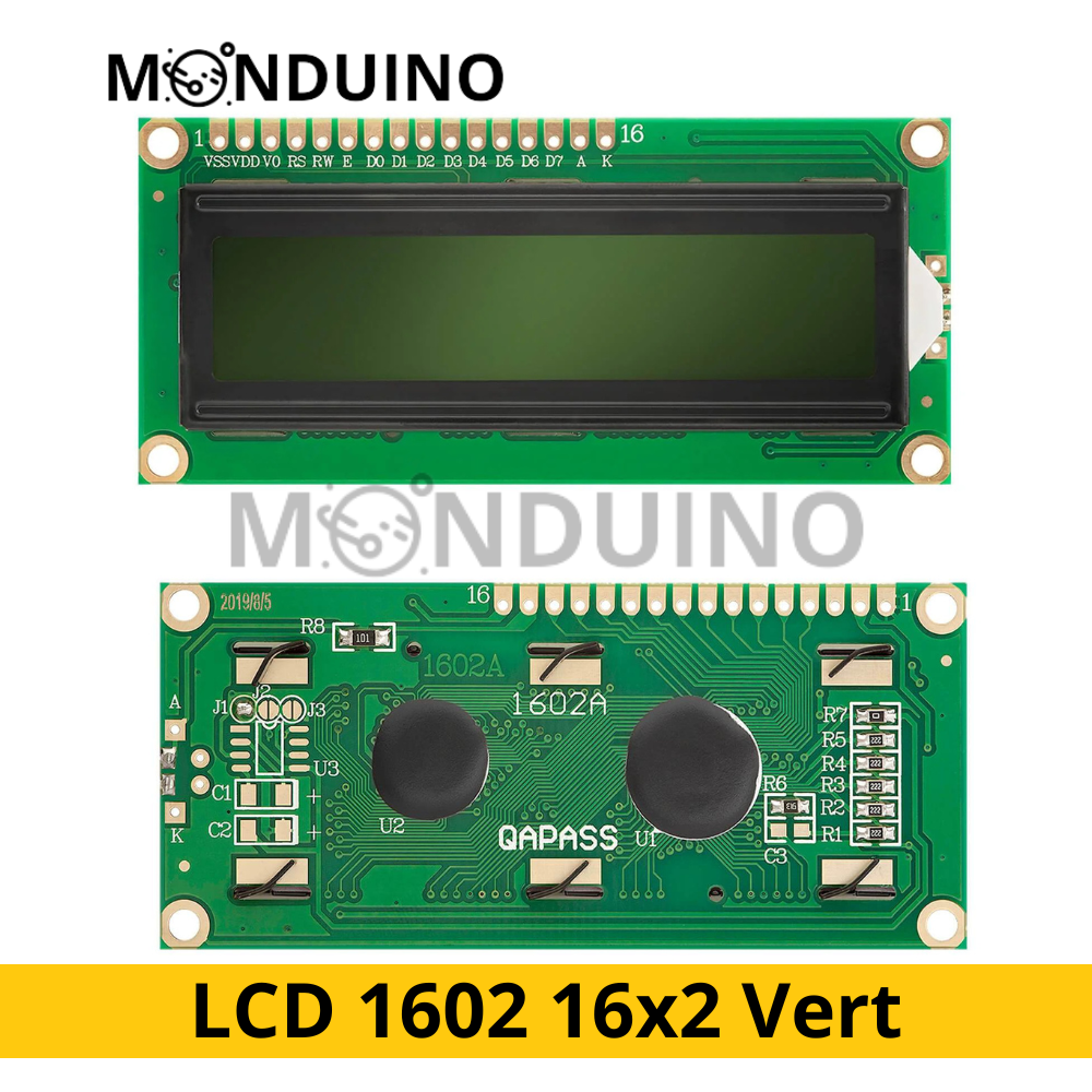 Écran LCD 1602 16x2 rétroéclairé vert sans I2C – Monduino [E-41]