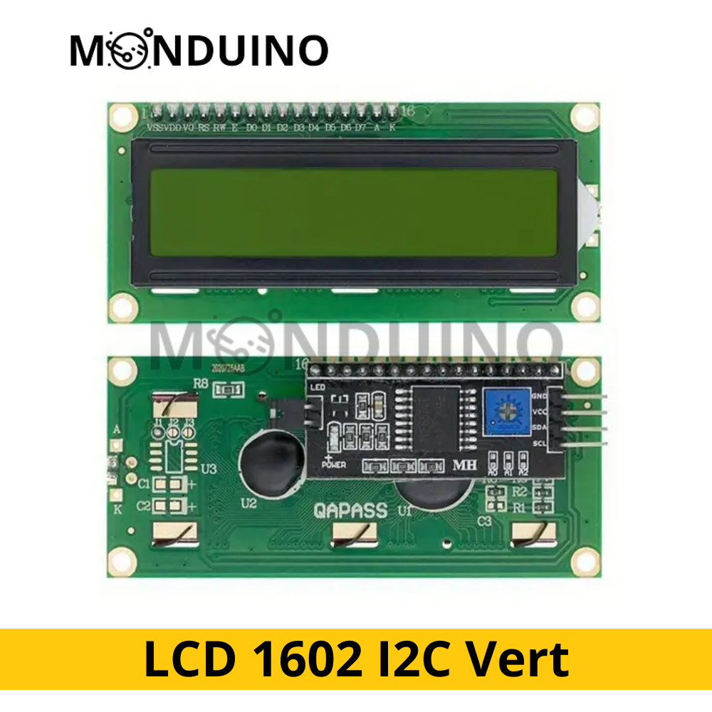 Écran LCD 1602 16x2 rétroéclairé vert avec interface I2C – Monduino [E-43]