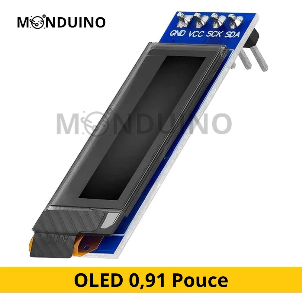Écran OLED 0.91″ 128×32 I2C SSD1306 blanc ou bleu – Monduino