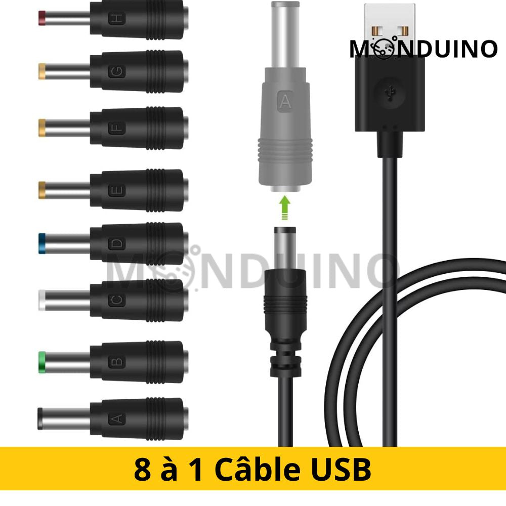 CÂBLE D'ALIMENTATION CONVERTISSEUR USB 5 V VERS DC 12 V + 8 CONNECTEUR –  MONDUINO