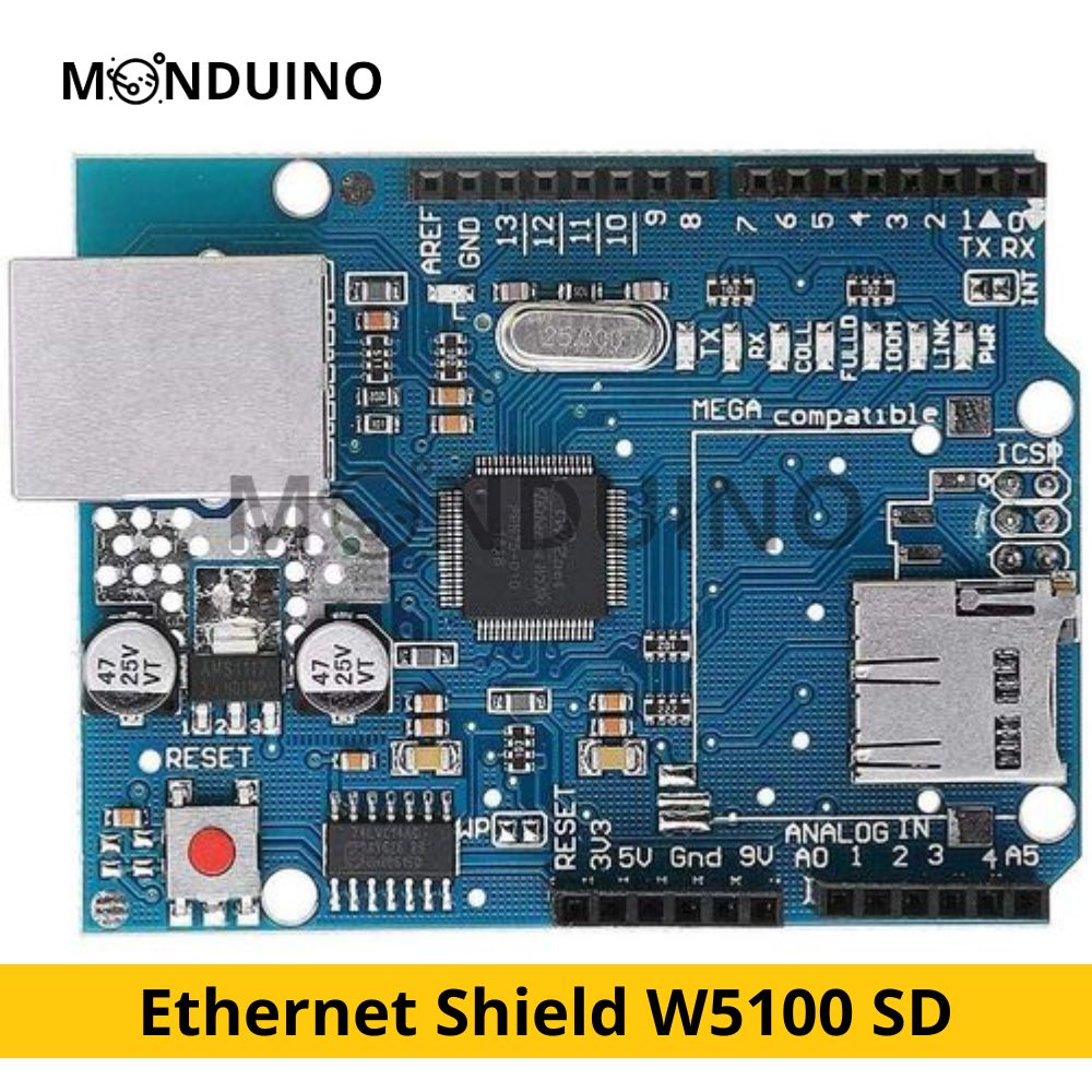 Ethernet Shield W5100 RJ45 + Lecteur Micro SD compatible Uno Mega – Monduino [E-31]