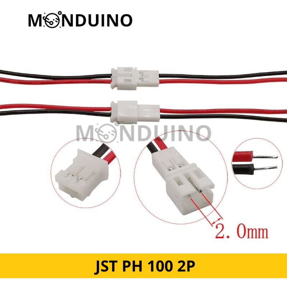 Micro Connecteur JST PH 100 2P - Fiches Mâles et Femelles avec Fil de 20 cm (26 AWG)