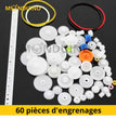 Kit de 60 pièces d'engrenages en plastique blanc pour robots et projets DIY avec Arduino