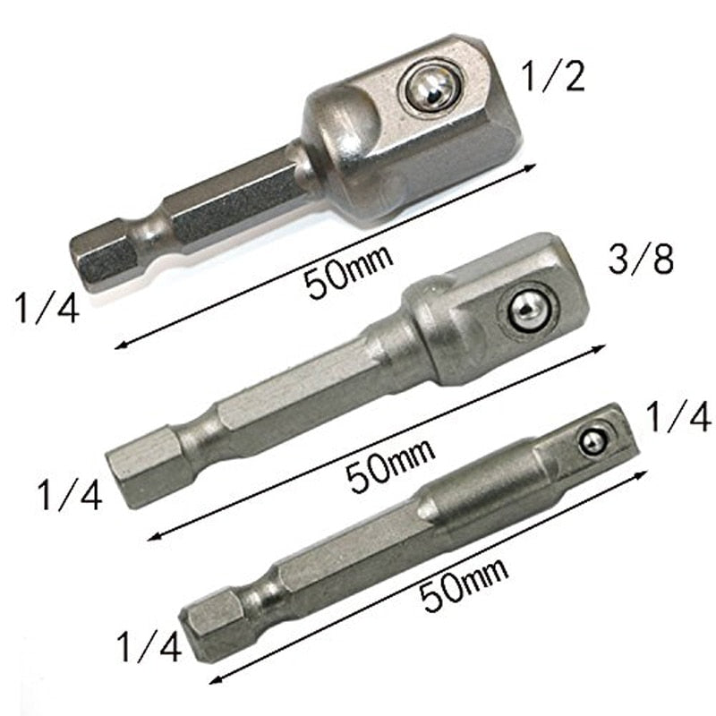 3 d'adaptateurs pour douilles 3 pièces - hexagonal sur carré pour perceuses, douilles, visseuses et porte-embouts, 1/4, 3/8, 1/2