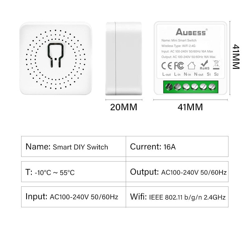 Commutateur intelligent wifi 16A, MINI Smart switch wifi, module commutateur, app Tuya SmartLife, compatible avec Alexa, Google Home