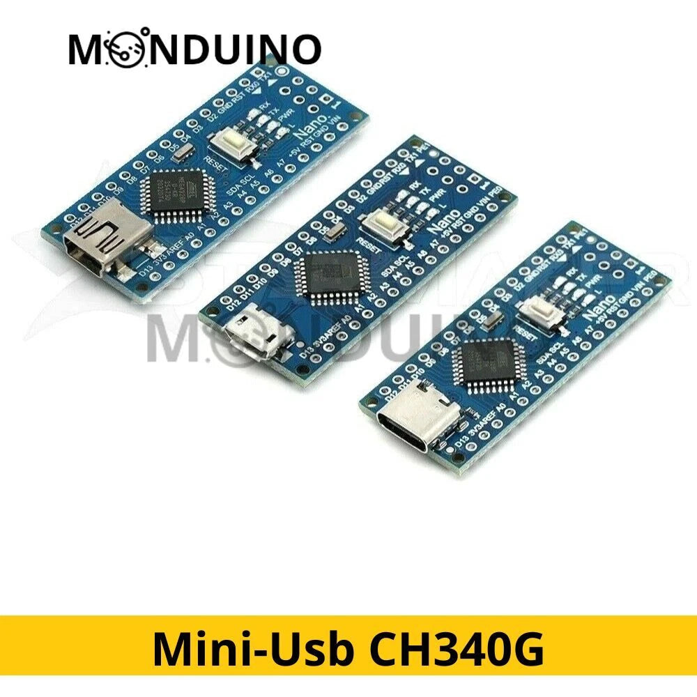 Carte Monduino Nano ATmega328P CH340 – Micro-USB / USB-C / Mini-USB – Compatible Arduino IDE