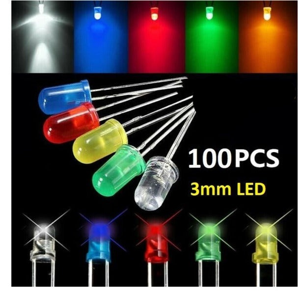 Lot of 100 LED 3mm DIODE 5 colors (blue, yellow, red, green, white)