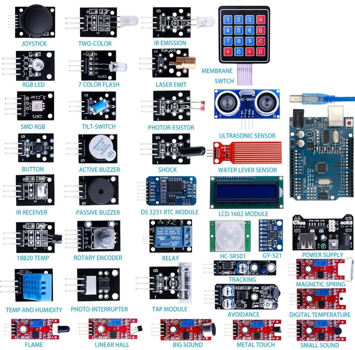 Kit DE 37-en-1 Module Capteur V2.0 avec Carte Uno pour Débutants et Professionnels DIY