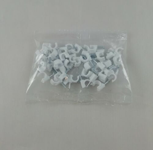 SET OF 50 WHITE WALL BRACKETS 8 MM CABLE HANGERS WALL FIXING NAIL